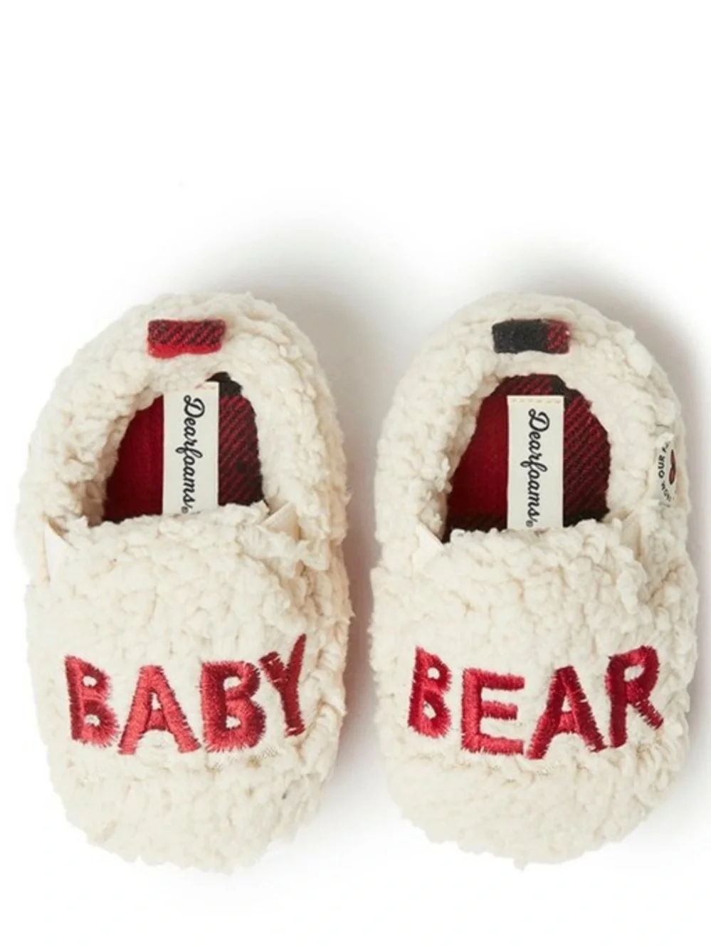 EUC Dearfoams Baby Bear Cream & Red Plush Slippers 6-9 Months/3